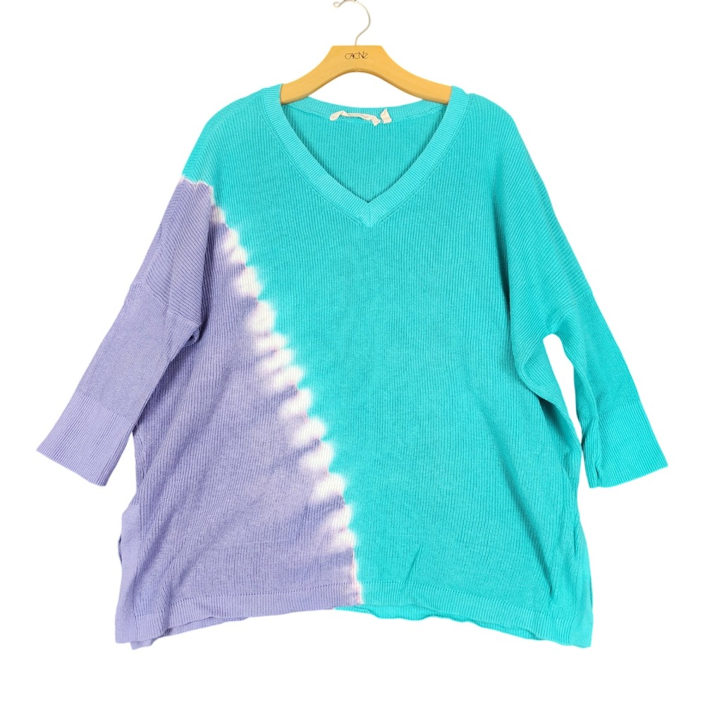 Soft Surroundings Tie Dye V Neck Sweater Aqua Lavender Cotton Size S